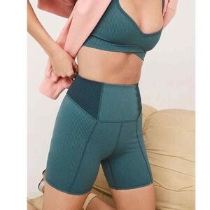 For Love & Lemons Dani Ribbed High Rise Bike Biker Shorts Teal Green Blue Small